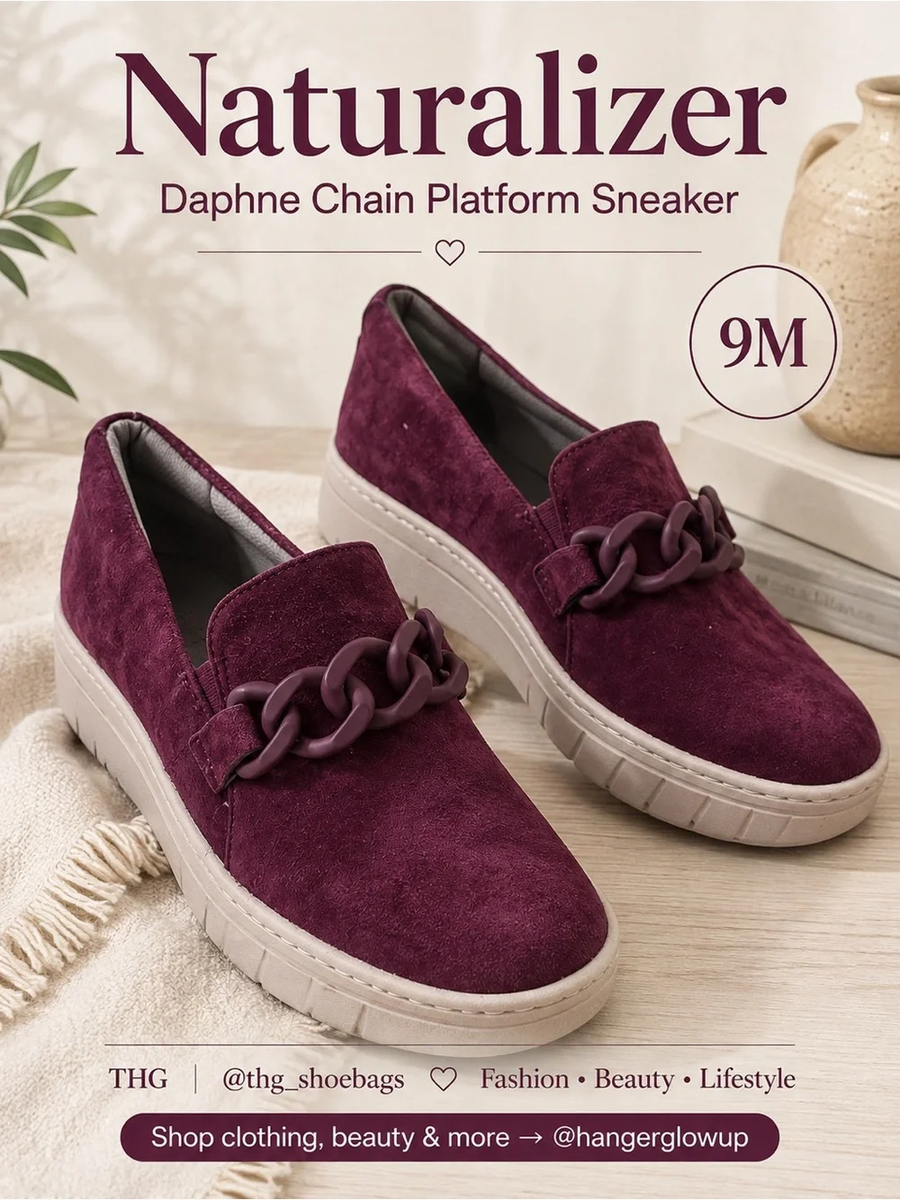 Retail: $110 Naturalizer Daphne Burgundy Suede Chain Platform Sneaker 9M NEW